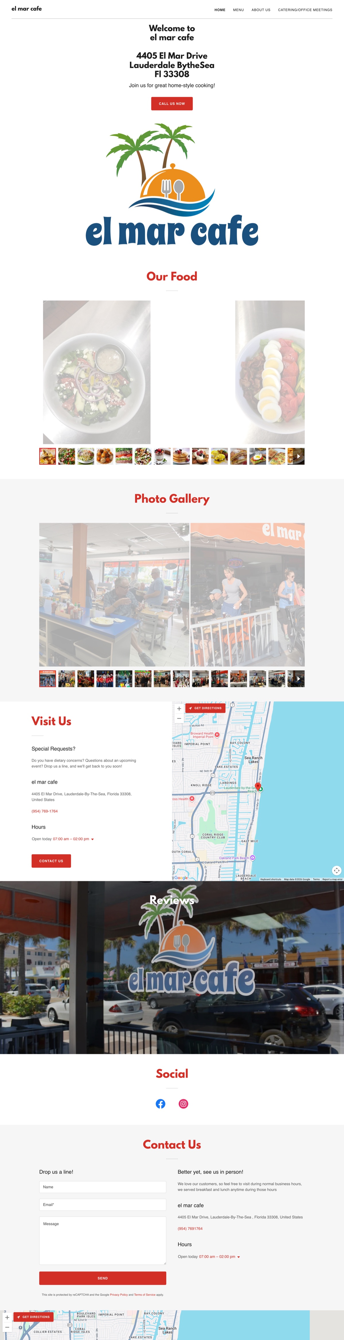 El Mar Cafe's current website — a dated GoDaddy-builder page
