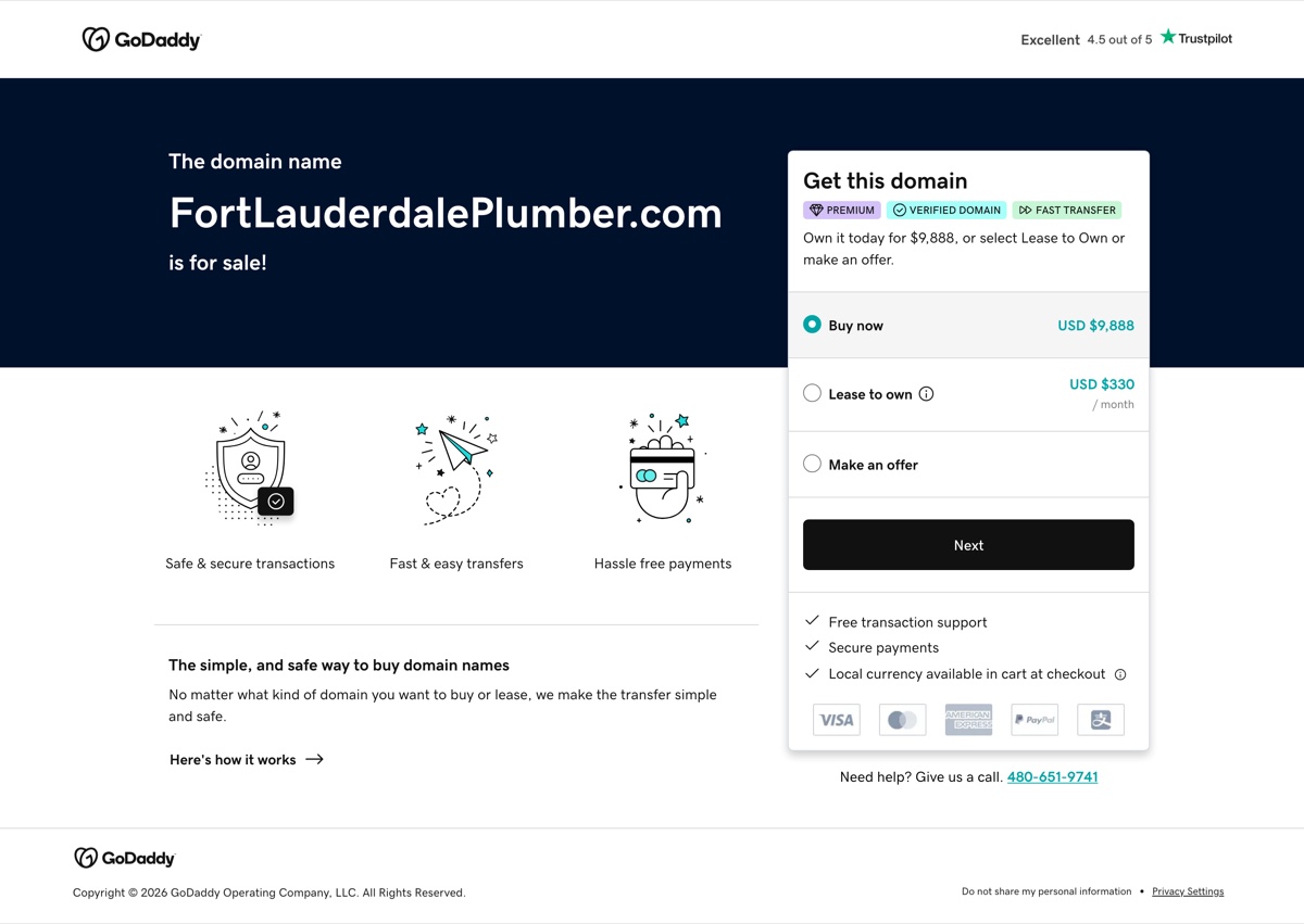 Fort Lauderdale Plumber has no website — their domain shows a GoDaddy 'for sale' parking page